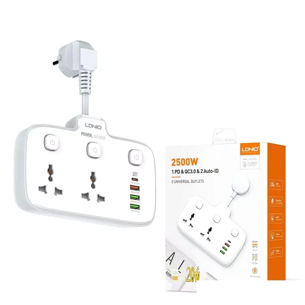 LDNIO SC2413 2 Universal Electrical Outlet with PD & QC 3.0 Fast charger Extension Socket