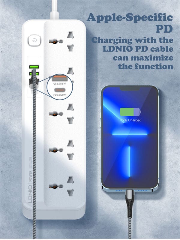 LDNIO SC5415 Multi Function Power Strip 5 Power Sockets +1PD 20W+1QC 18W+2 AUTO-ID
