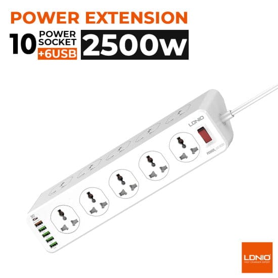 Ldnio SC10610 30W 6-Port USB Charger Power Extension With 10*Outlets / 5 *USB / 1 * PD USB-C