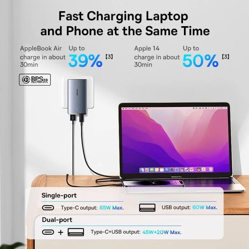 Baseus GaN5 Pro Ultra-Slim 65W Type-C+USB Fast Charger