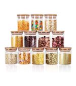 Glass Jars 9OZ, 12 Set with Bamboo Airtight Lids and Labels, Food Cereal Storage Large