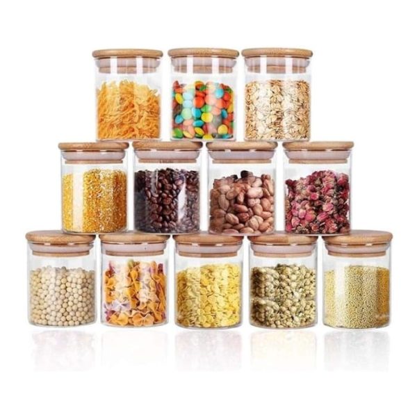 Glass Jars 9OZ, 12 Set with Bamboo Airtight Lids and Labels, Food Cereal Storage Large