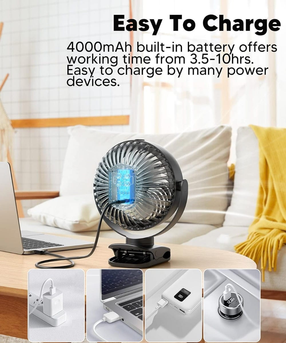 POWERbeast Clip On Fan, 4000mAh Portable Pram Fan, 7” USB Desk Fan, 4 Speeds 2 Mist Modes
