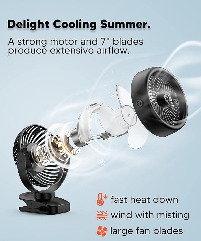 POWERbeast Clip On Fan, 4000mAh Portable Pram Fan, 7” USB Desk Fan, 4 Speeds 2 Mist Modes