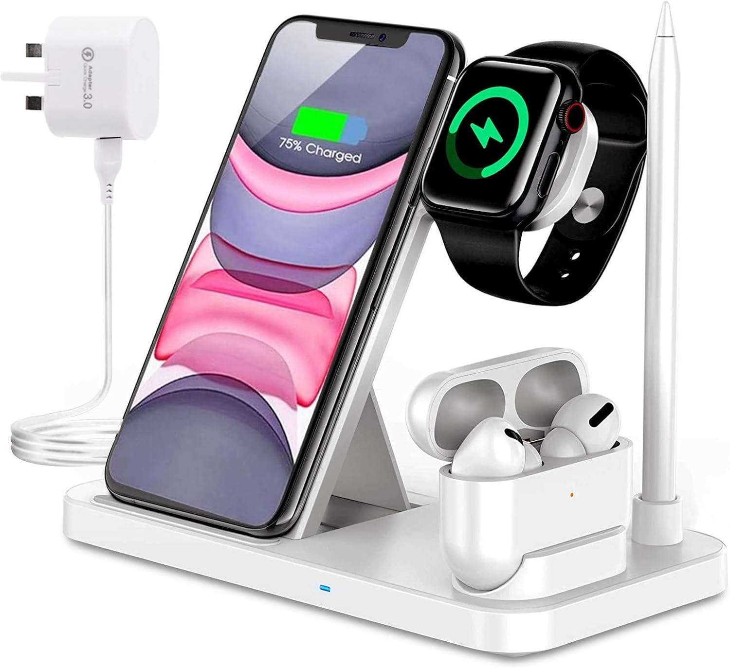 a phone and smart watch charging on a wireless charger