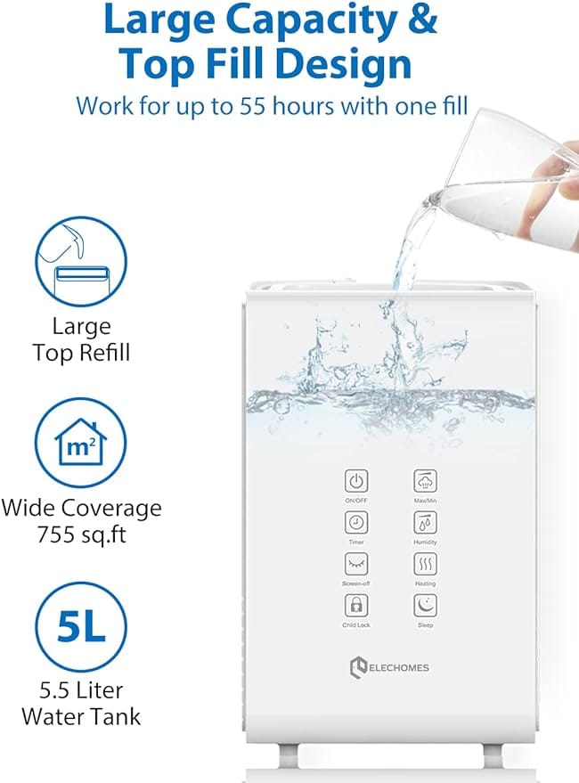 Elechomes Humidifier for Large Room Bedroom Plants, SH8820 Warm and Cool Mist Humidifiers, 5.5L