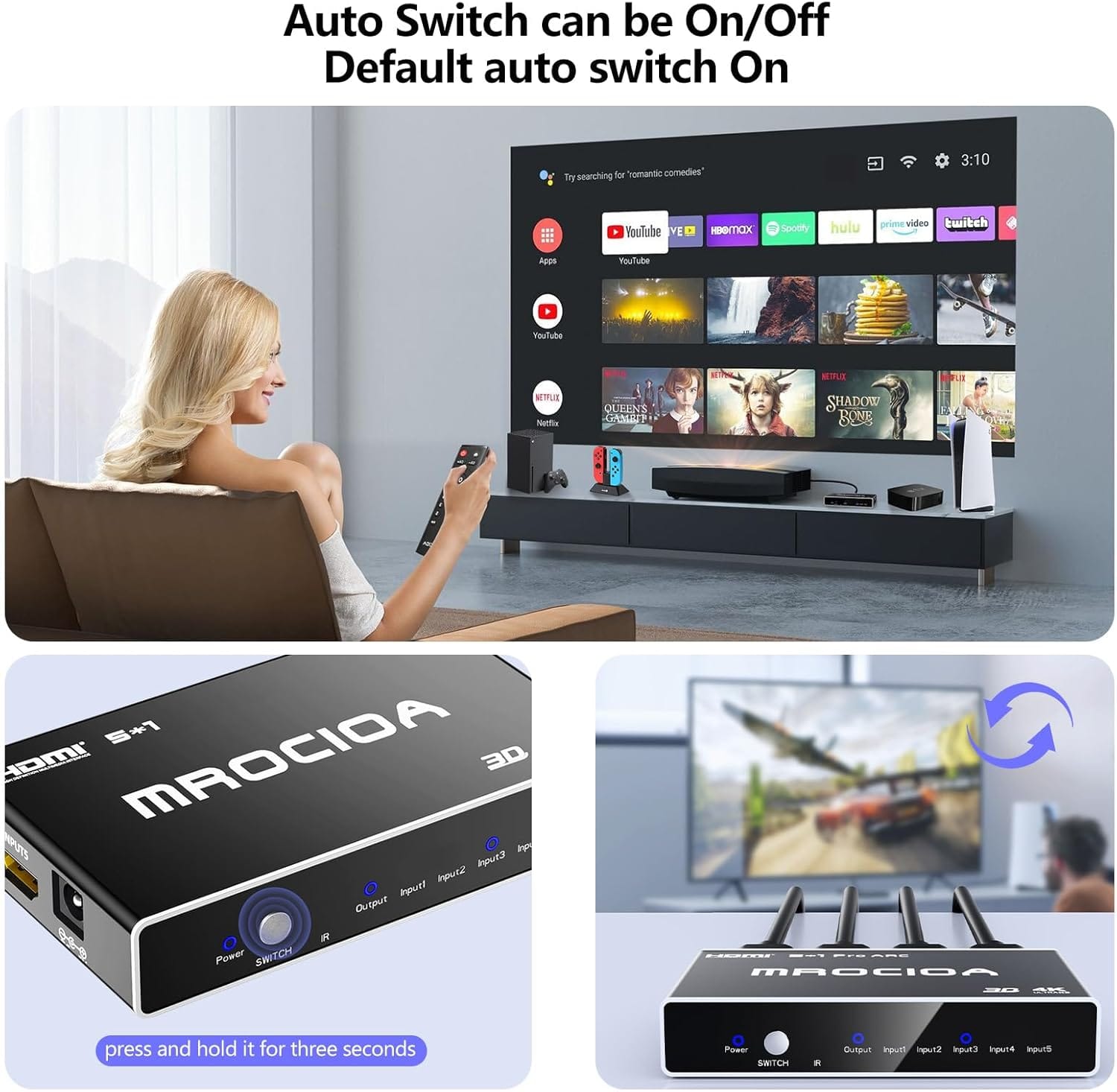 MROCIDA HDMI Switch 4K 30hz hdmi 1.4 5 in 1 Out HDMI Switcher 5 Port with IR Remote Control HDMI Splitter Support