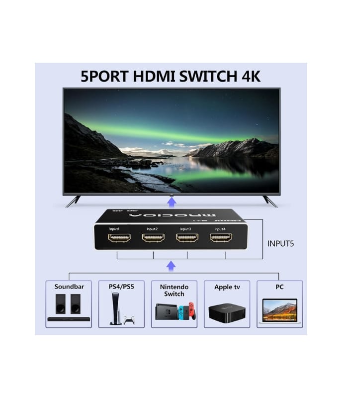 MROCIDA HDMI Switch 4K 30hz hdmi 1.4 5 in 1 Out HDMI Switcher 5 Port with IR Remote Control HDMI Splitter Support MROCIDA HDMI Switch 4K 30hz hdmi 1.4 5 in 1 Out HDMI Switcher 5 Port with IR Remote Control HDMI Splitter Support