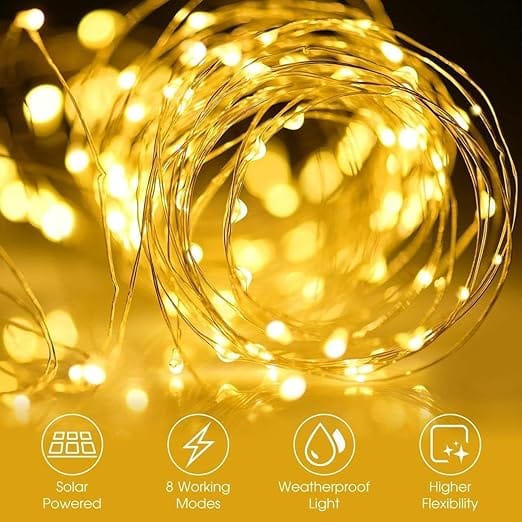 【8 Modes and Upgrade Battery】 The solar outdoor string lights has 2 switches (Power ON/OFF, Mode changing), press mode button selects 8 different modes to satisfy your diverse needs. Upgraded Solar Panel to more efficient exchange rate and HIGH battery capacity which increases to 800MaH, 6-8 hours charging in the daytime can provide 8-14 hours working time in the night. 【Garden Lights Solar Powered Waterproof】 Both the string lights and the solar panel are IP44 Waterproof. No worry to use them in the rain. 【Energy-saving & Eco-friendly】solar powered string lights, avoiding high electricity bills. During the day, high-efficiency solar panels convert sunlight into electricity and store it in a built-in rechargeable battery, and then the string of lights will automatically light up at night. 【Multi-application scenarios】 These christmas lights are a great decorative accessory to illuminate indoor and outdoor spaces, like your gardens, patio, fence, gate, yard, wedding, party, Christmas trees etc. And the copper wire is quite flexible, easily bent into any shape you like.