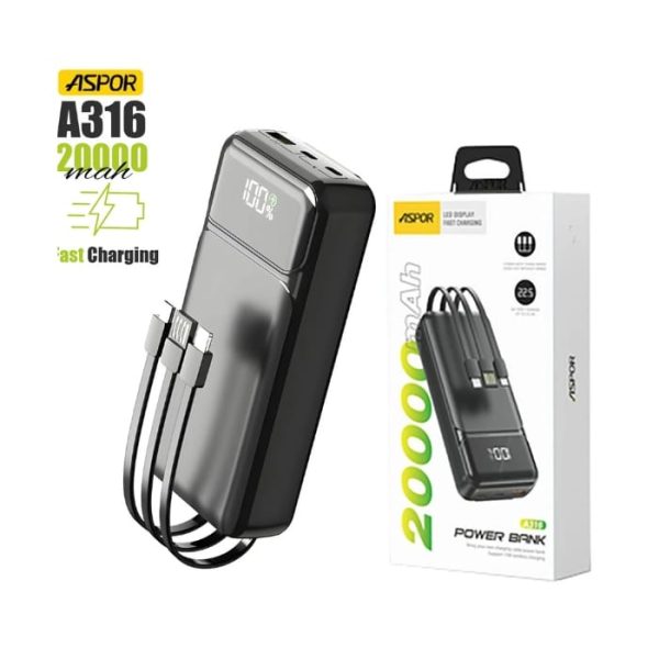 Aspor A316 20000mAh 22.5W Built-in Cable Fast Charging Power Bank