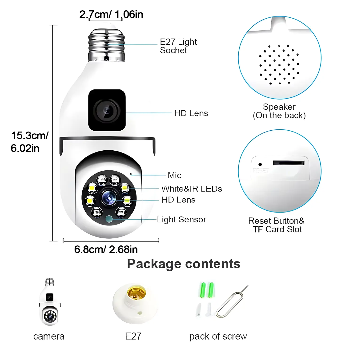 Speed-X SPE27-2 Dual Lens Bulb Camera 1080P Wifi Panoramic Night Vision Motion Detection With V380 Pro App