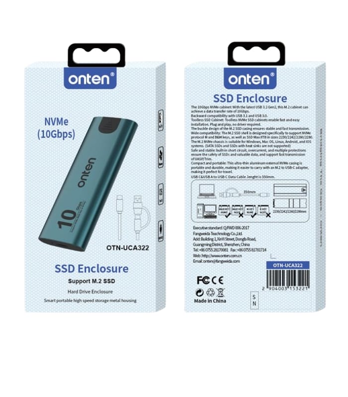 Onten NVME M.2 SSD Hard Drive Enclosure OTN-UCA322 (2) Onten NVME M.2 SSD Hard Drive Enclosure OTN-UCA322